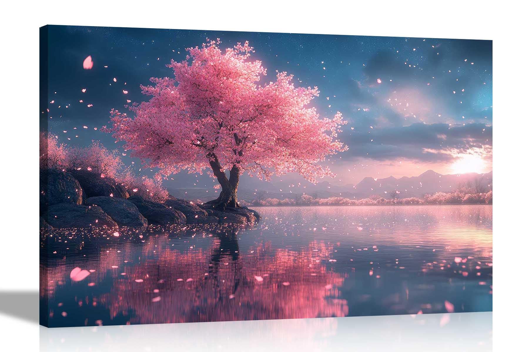 Artley Prints Breezy Sunset Pink Tree - Evening At Lake Cherry Tree Moonlit Landscape Canvas Prints For Living Room Bedroom Wall Art Pictures 40 X 30Cm (16 X 12 Inches) A3