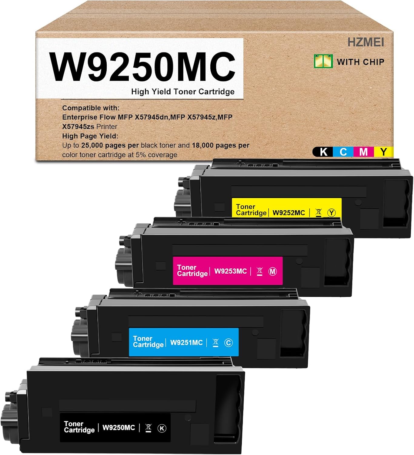 W9250MC Toner Cartridge High Yield W9250MC W9251MC W9253MC W9252MC Toner Compatible for HP Enterprise Flow MFP X57945dn MFP X57945z MFP X57945zs Printers,Black Cyan Magenta Yellow with New Chip