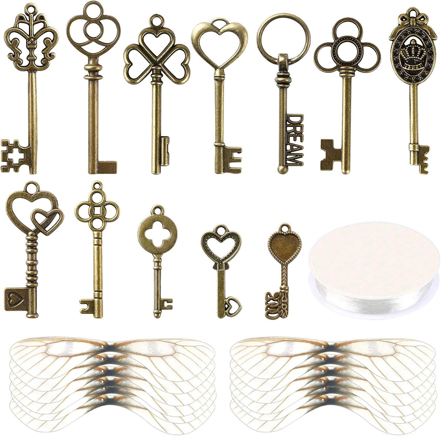 SANNIX 48 Pcs Vintage Skeleton Keys Flying Keys Charms with 50 Pairs Dragonfly Wings and 30m Elastic Crystal String for Room Decorations