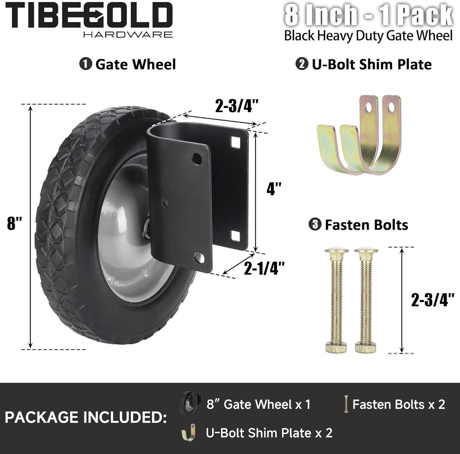 8 Inch Heavy Duty Rubber Caster Wheel, Gate Helper Support Side Mount for Swing Metal Tube Gates, Fits 1-5/8" to 2" O.D. Round Tube Frames, Black, 1 Pack
