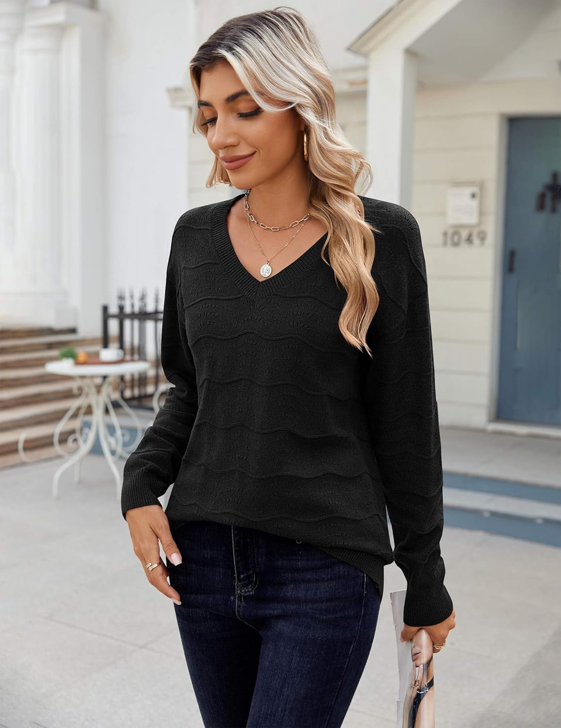 Zeagoo Womens Sweaters Fall Casual Long Sleeve V Neck Shirts Lightweight Crochet Ribbed Knit Pullover Tops Outfits - Image 3