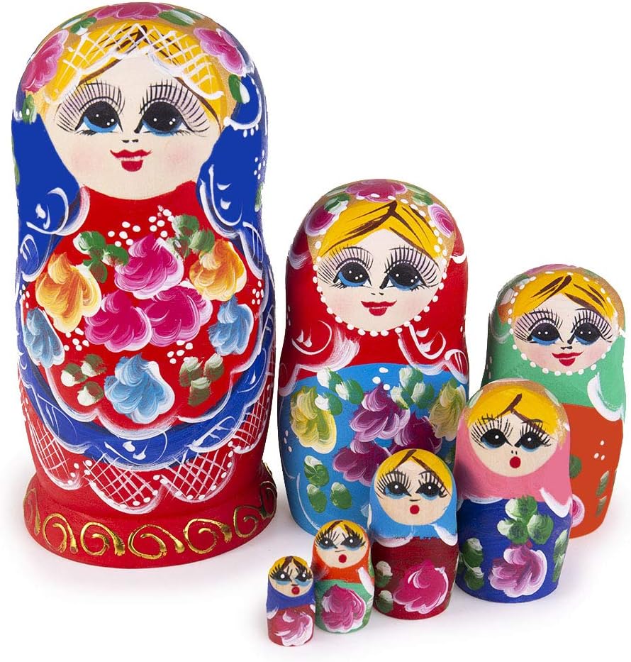 Jeccffes Russian Nesting Dolls Matryoshka Wooden Stacking Nested Set 7 Pieces Red Flower Girl Handmade Toy for Kids Children Christmas Mother's Day Birthday Home Room Decoration Halloween Wishing Gift