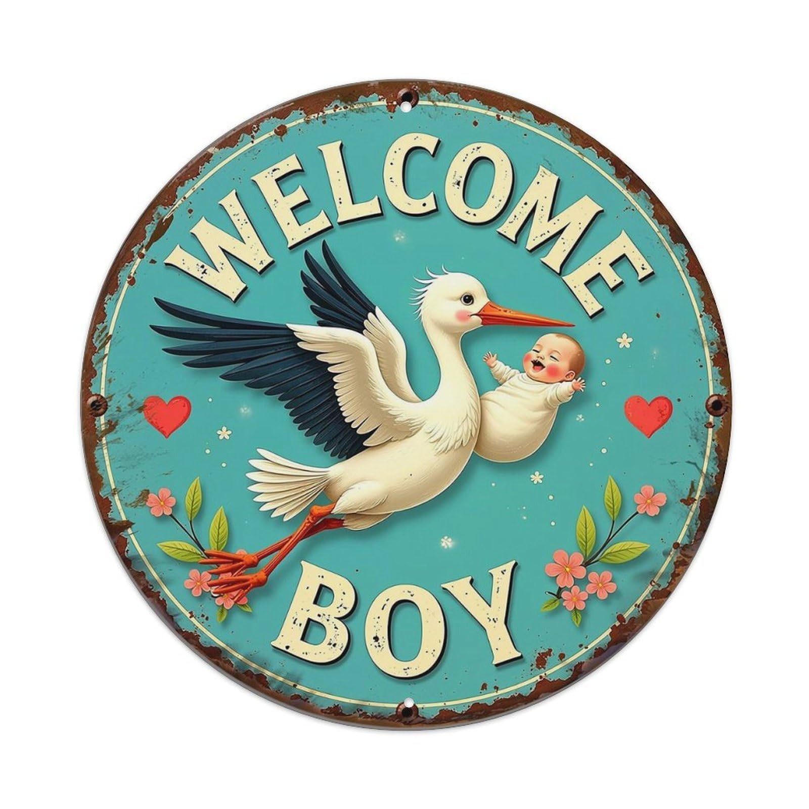 Welcome Boy Stork Baby Hearts Vintage Round Tin Sign Retro Metal Wall Decor Metal Poster, Home Bar Garage Cafe Wall Art Decoration 8x8Inches