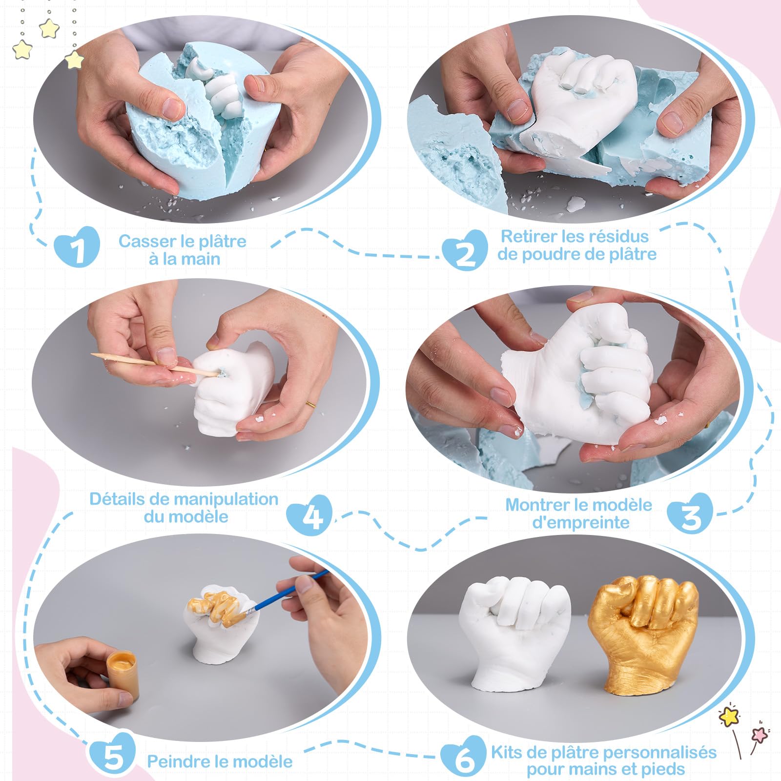 Kit de Moulage de Main, Taricor Kit Empreinte Bebe Moulage 3D, Non Toxique Empreinte Main Pied Bebe avec 2 Sachets d’Alginate et 2 Sachets de Poudre de Moulage, pour Cadeau de Souvenir