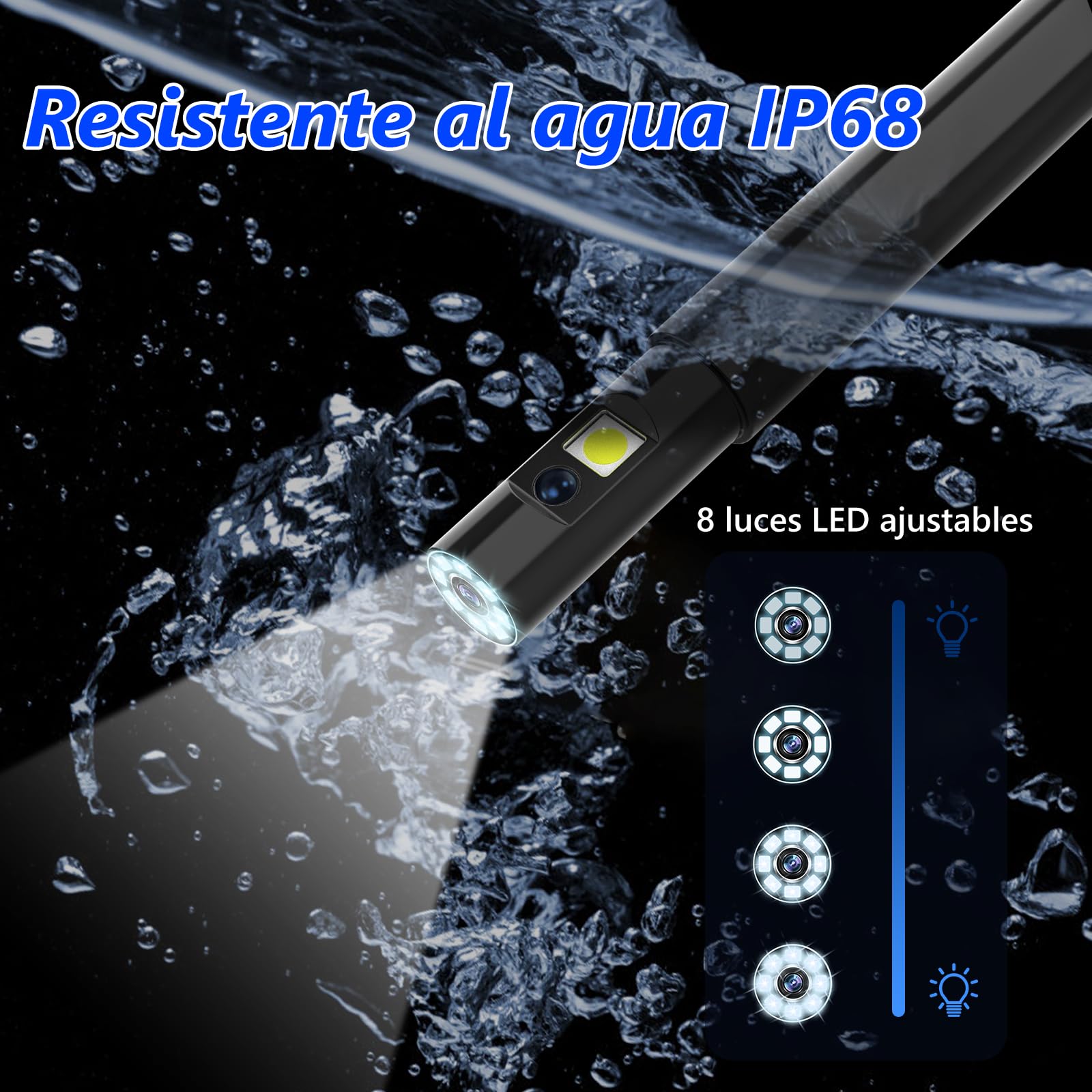 Endoscopio Camara de inspeccion 1920P HD, Doble Lente y rotación 720°, Cámara Endoscópica con Pantalla IPS de 4,5 Pulgadas y IP68, 8+1LED (2M)
