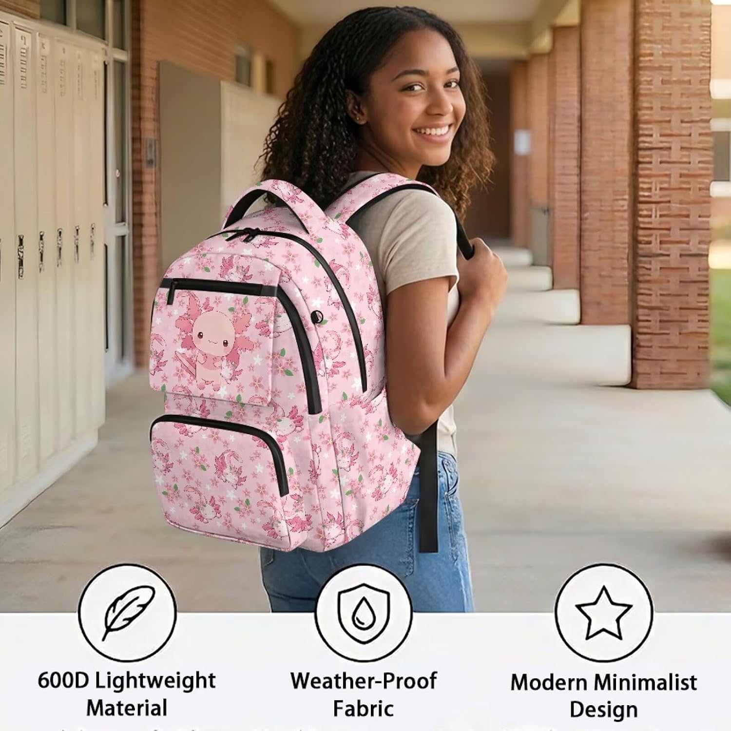 INSTANTARTS Axolotl 17" Kids Backpack for Boys Girls Large Capacity Kids Elementary Primary Middle School Bags for Childs Multi-Pocket Book Bags Lightweight Padded Straps Back to School