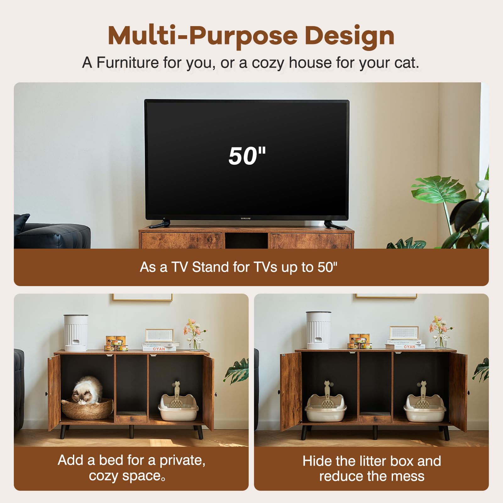 Litter Box Furniture for 2 Cats - Farmhouse Hidden Cat Litter Box Enclosure Cabinet Furniture Double Room, 42.3" TV Stand Side End Table Large Space for 2 Cats, Rustic Brown - image 3