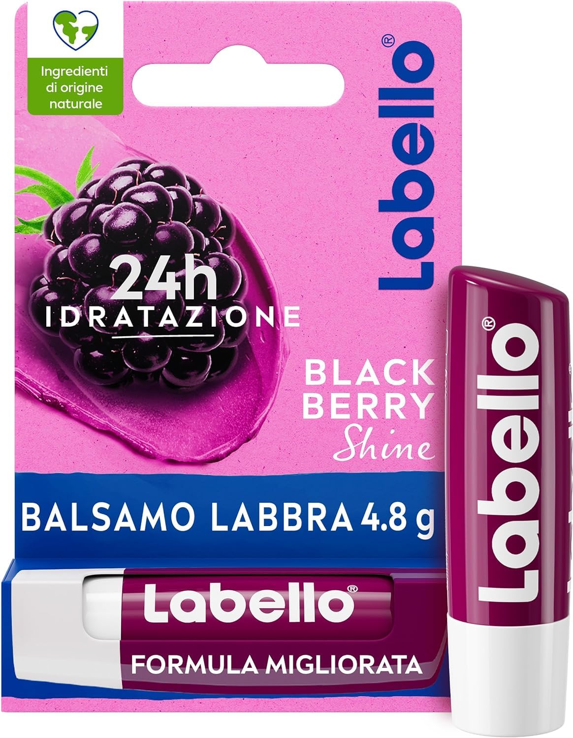 Labello Blackberry Shine Burrocacao Labbra 4.8 g, Balsamo Labbra Colorato All'Aroma Di More, Lip Balm Idratante 24H Con Ingredienti Naturali E Pigmenti Colorati