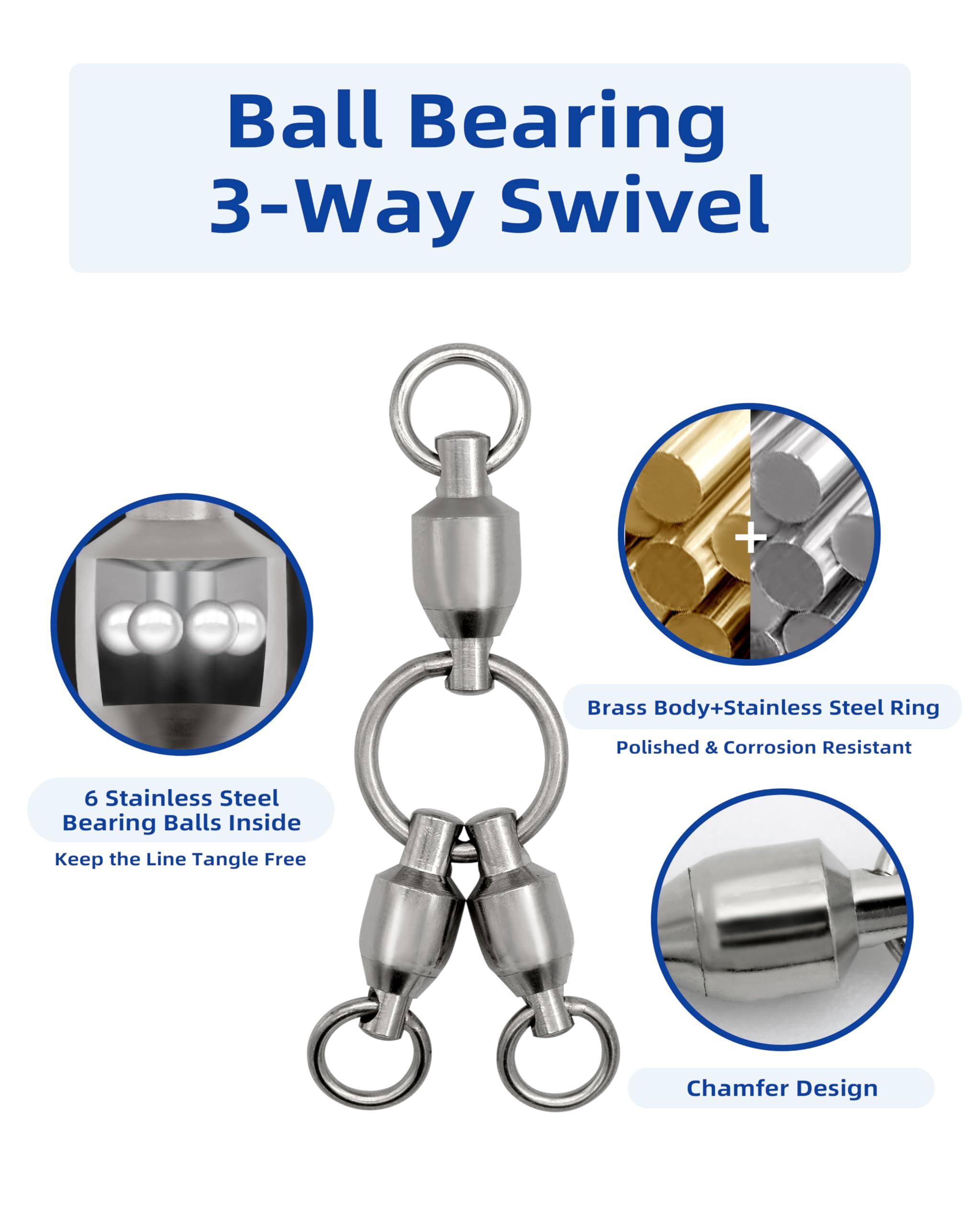 BLUEWING Émerillons 3 Voies Matériel De Pêche, Manchon Pivotant En Laiton 3 Voies En Forme De T Pour Eau Douce Et Salée 40lbs, 50 Pcs