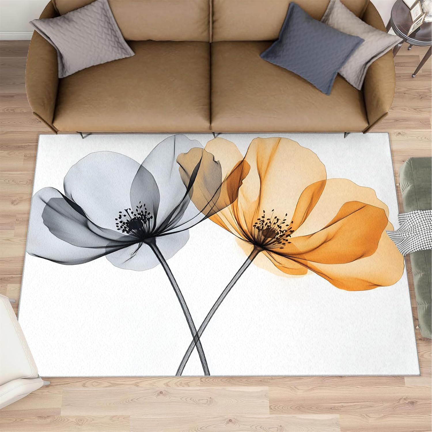 Transparent Poppy Rug Small - 2x3 Rug, X-Ray Flowers Washable Rugs for Living Room, Gray Yellow Flower Carpet, Modern Non-Slip Area Rugs for Bedroom, Poppies Carpet, Poppies Home Decor