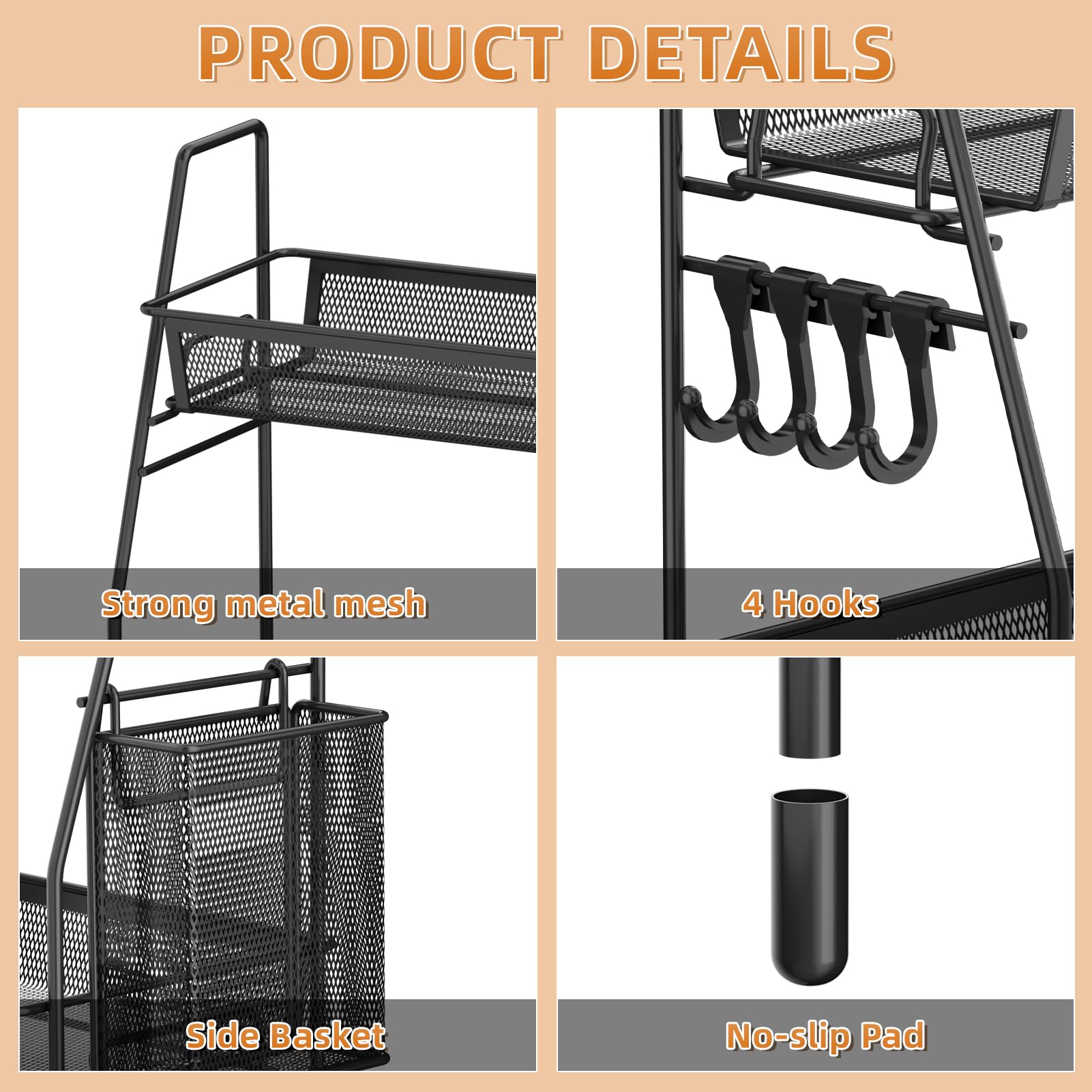 Organizador de baño de 2 niveles, organizador de encimera de baño de malla de alambre de metal con ganchos de cesta, estante de bandeja de tocador, estante de especias de cocina, negro 5