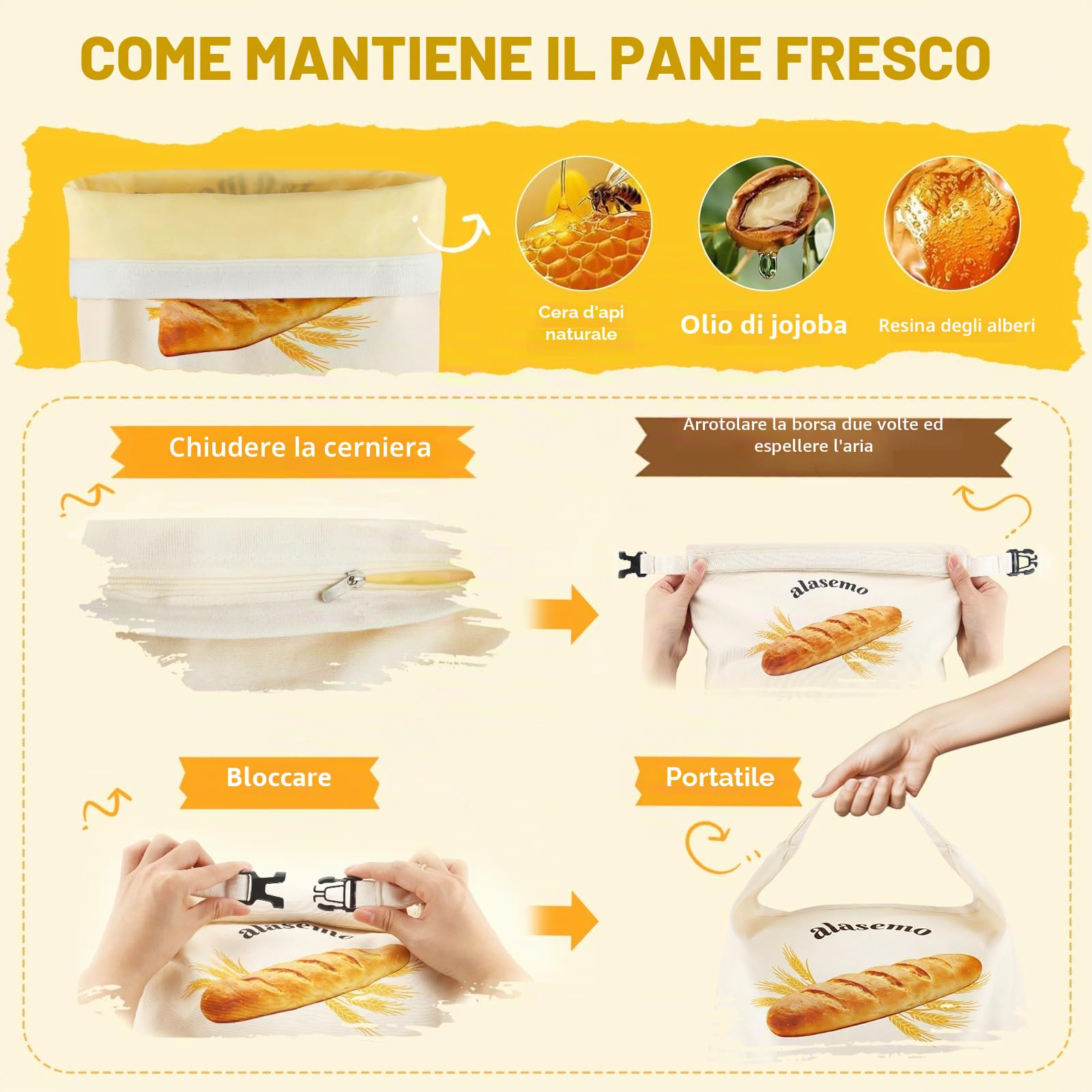 Sacchetti Per Pane Riutilizzabili In Cera D'Api, Confezione Da 2 Con Base Autoportante, Mantengono Il Pane Fresco Con Cerniera E Chiusura A Scatto, Due Misure: L 35×25×10cm E S 31,5×21×10cm