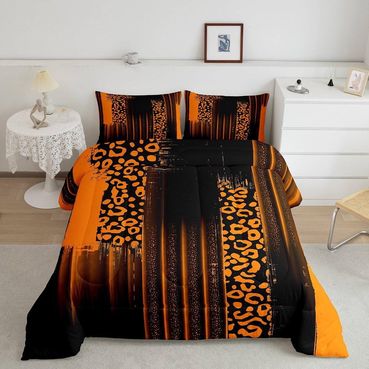 Feelyou Orange Black Reversible Comforter Set King Size Abstract Leopard Comforter for Kids Teens Adults Ombre Stripes Bedding Set Modern Art Duvet Set Room Decor 3Pcs with 2 Pillow Case