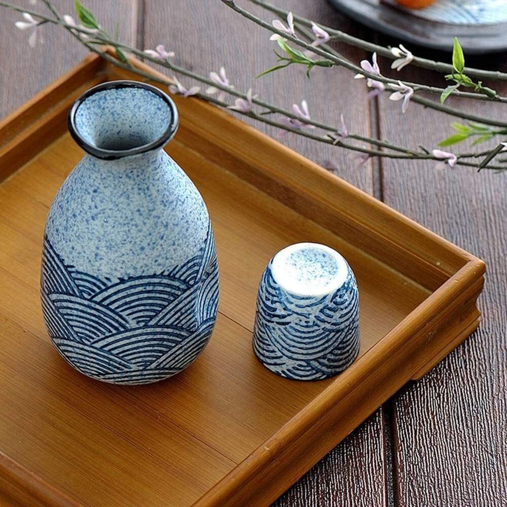 Service à saké japonais, ensemble de 5 tasses à saké, tasses en céramique au design de texture ondulée pittoresque, verres à vin artisanaux, pour froid/chaud/shochu/thé, meilleur cadeau pour la famil