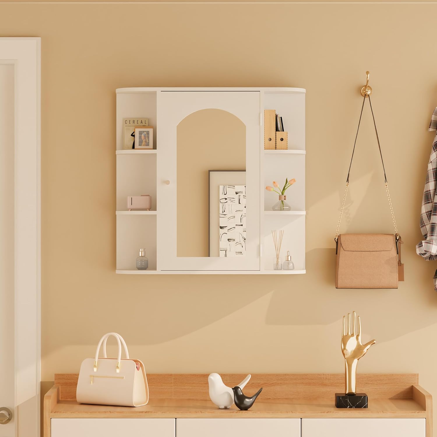 Bathroom Wall Cabinet, Medicine Cabinet with Mirror and Adjustable Shelves,White Wall Mounted Cabinet Over The Toile,3-Tier Wood Hanging Storage for Bathroom,Kitchen,Living,Laundry Room