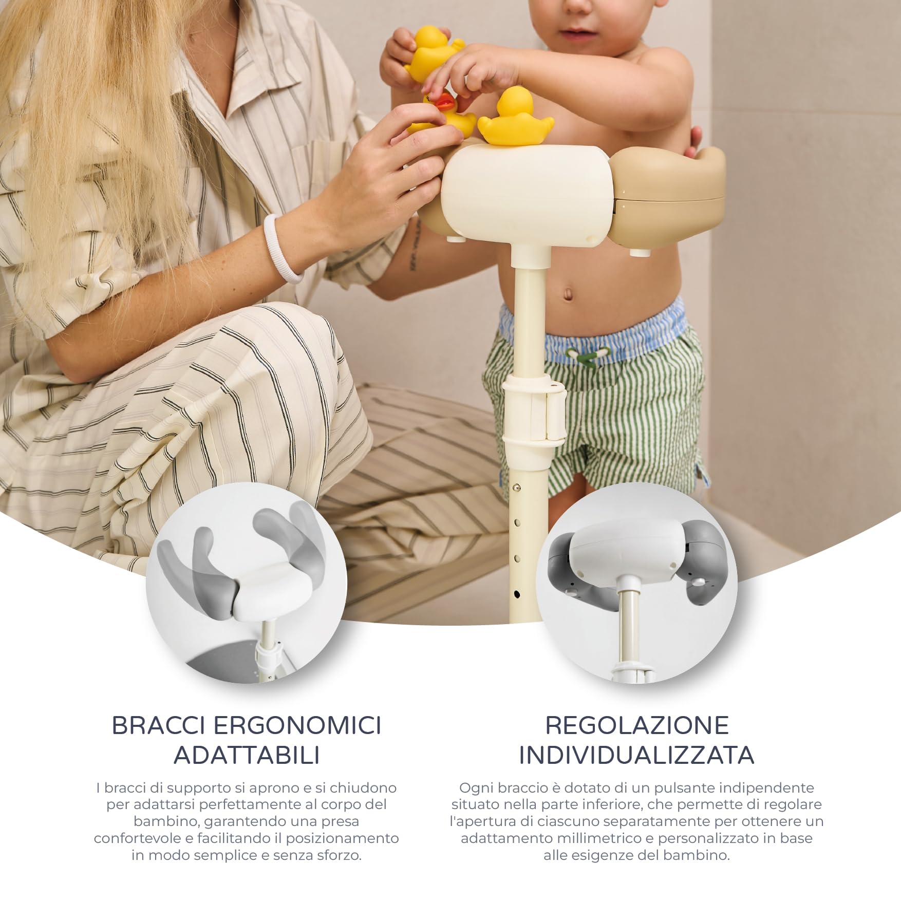 Ms BabyWorld - Supporto per vasca da bagno e doccia, con base antiscivolo, altezza e larghezza regolabile, pieghevole - Torre regolabile per bambinI - Aiuta il passaggio alla doccia in piedi (Grigio)