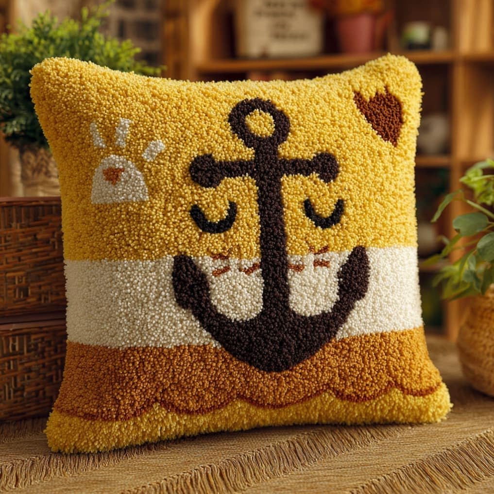 Latch Hook Pillow Kit for Adults,Anchor 43X43Cm Handmade Embroidery Kits,Cross Stitch Sofa Cushion Cover with Crochet Yarn for Beginners and Home Decor