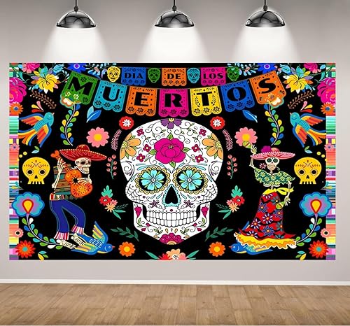 Telón de fondo del Día de los Muertos de 7 x 5 pies, flores mexicanas, calavera, guitarra, cactus, fondo de fotografía, Dia DE Los Muertos, Mxico,