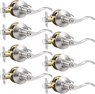 Mengico 8 Pack Satin Nickel Privacy Door Lever, Modern Interior Door Knobs Locks for Bedroom and Bathroom, Heavy Duty Door Handle, Reversible Wave Lever Handle