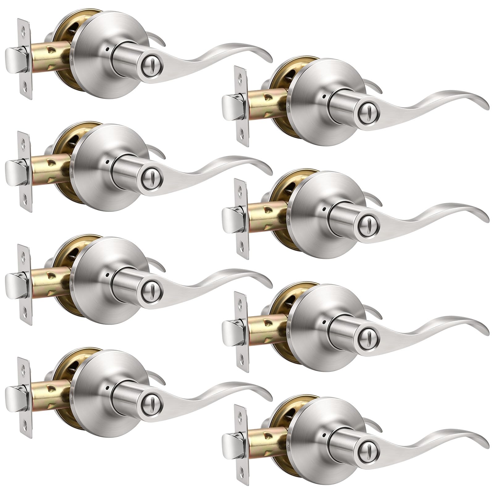 Mengico 8 Pack Satin Nickel Privacy Door Lever, Modern Interior Door Knobs Locks for Bedroom and Bathroom, Heavy Duty Door Handle, Reversible Wave Lever Handle