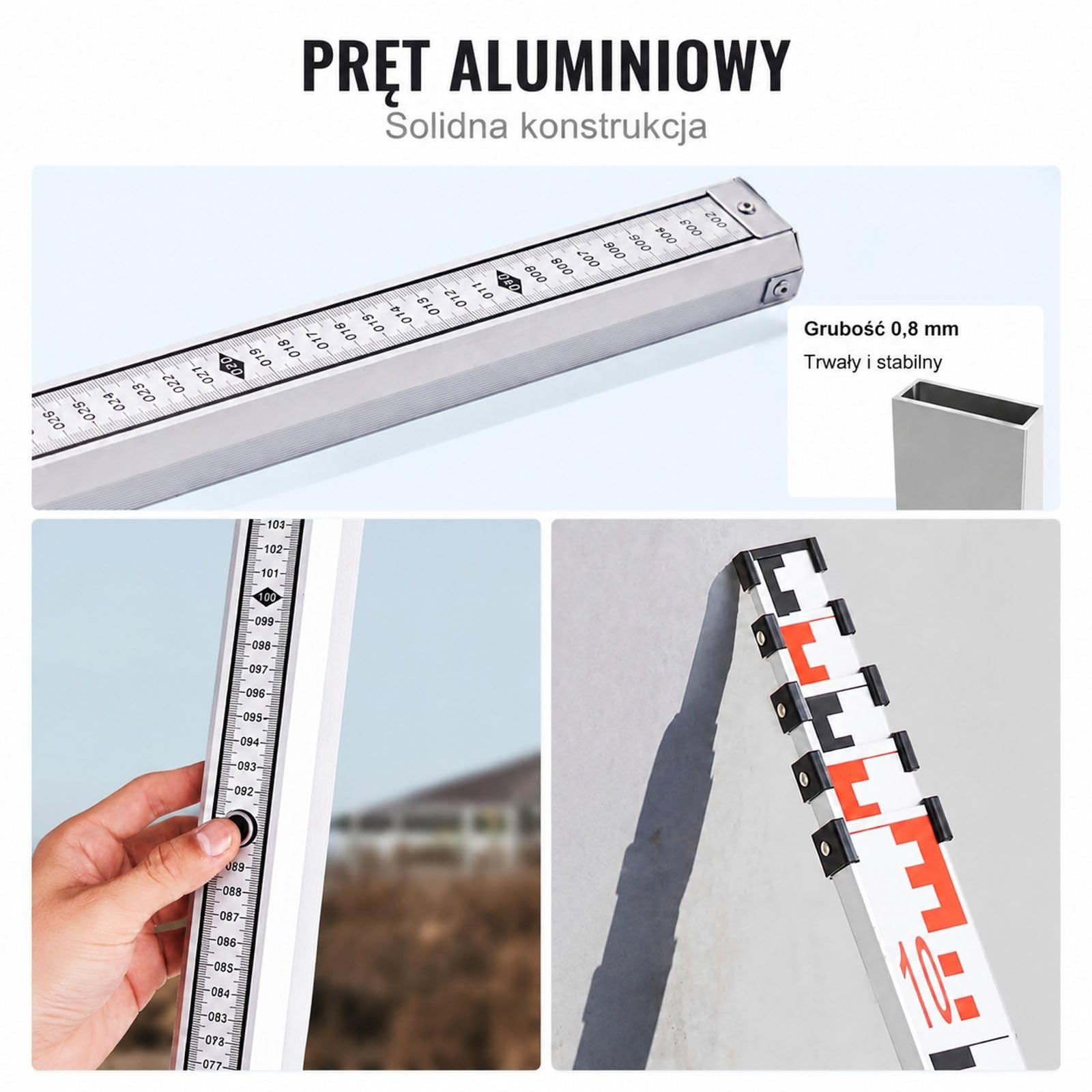 Aluminiowa łata pomiarowa, 5-metrowa teleskopowa łata pomiarowa, dwustronna skala cm/mm, łata niwelacyjna, aluminiowa łata geodezyjna z poziomicą i torbą transportową do pomiaru domów, ścian, pod