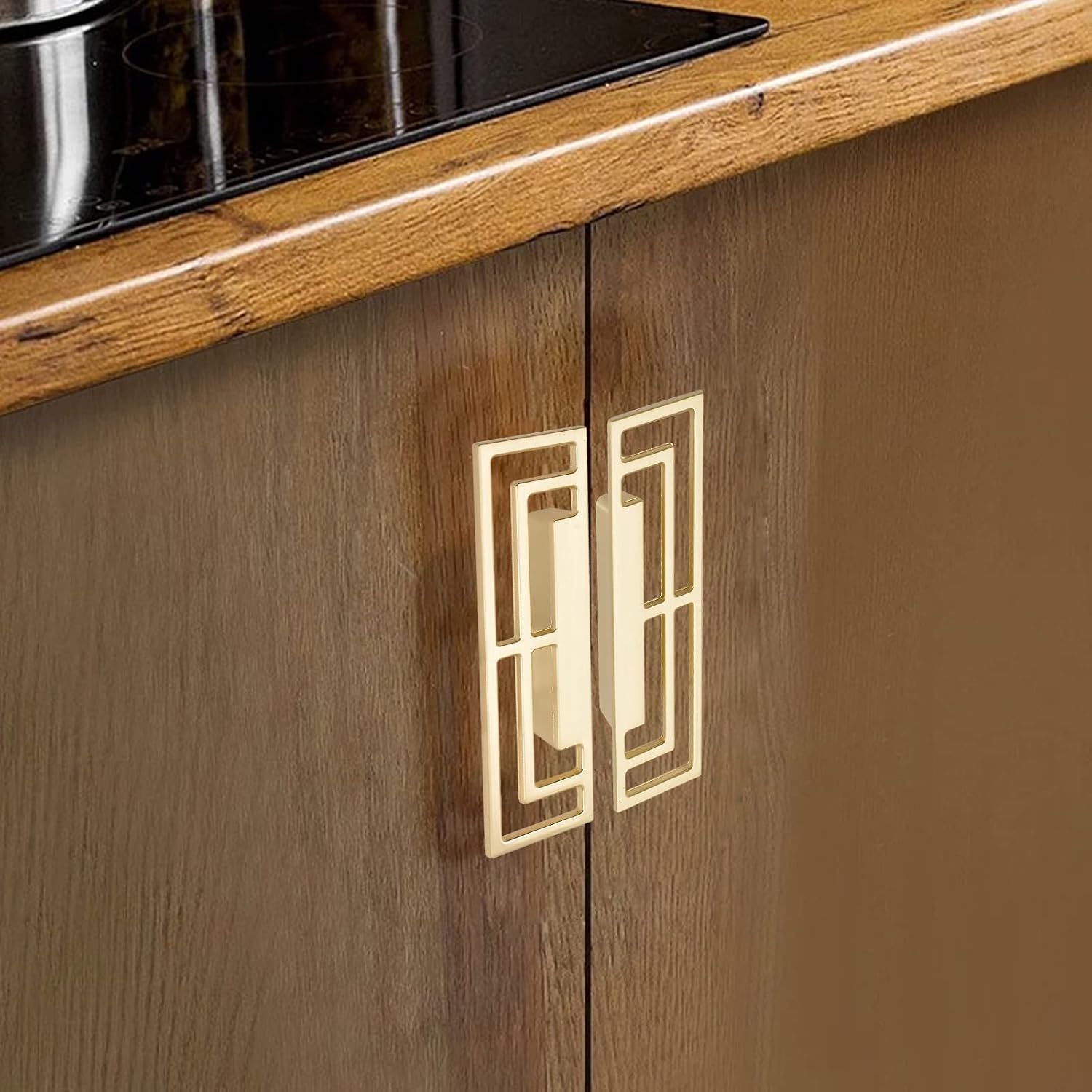 MOROBOR Chinese Cabinet Hardware Handles, 6pcs of Gold Brushed Drawer Handles, Stylish Golden Copper Handles Modern Chinese Auspicious Patterns Double-Hole 32mm Handle