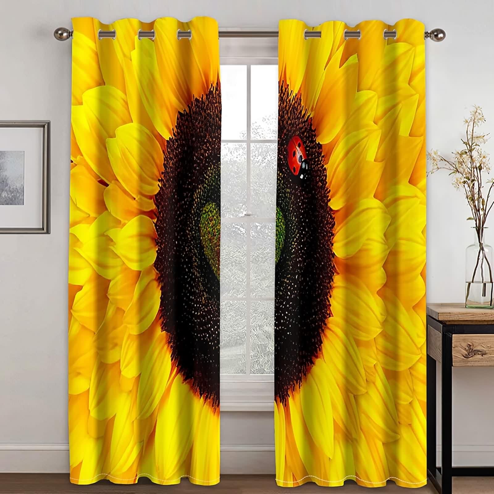 Zasłona zaciemniająca do okna do sypialni, zasłony do salonu żółty czarny poliester słonecznik 214L x 229H CM Zestaw 2 szt