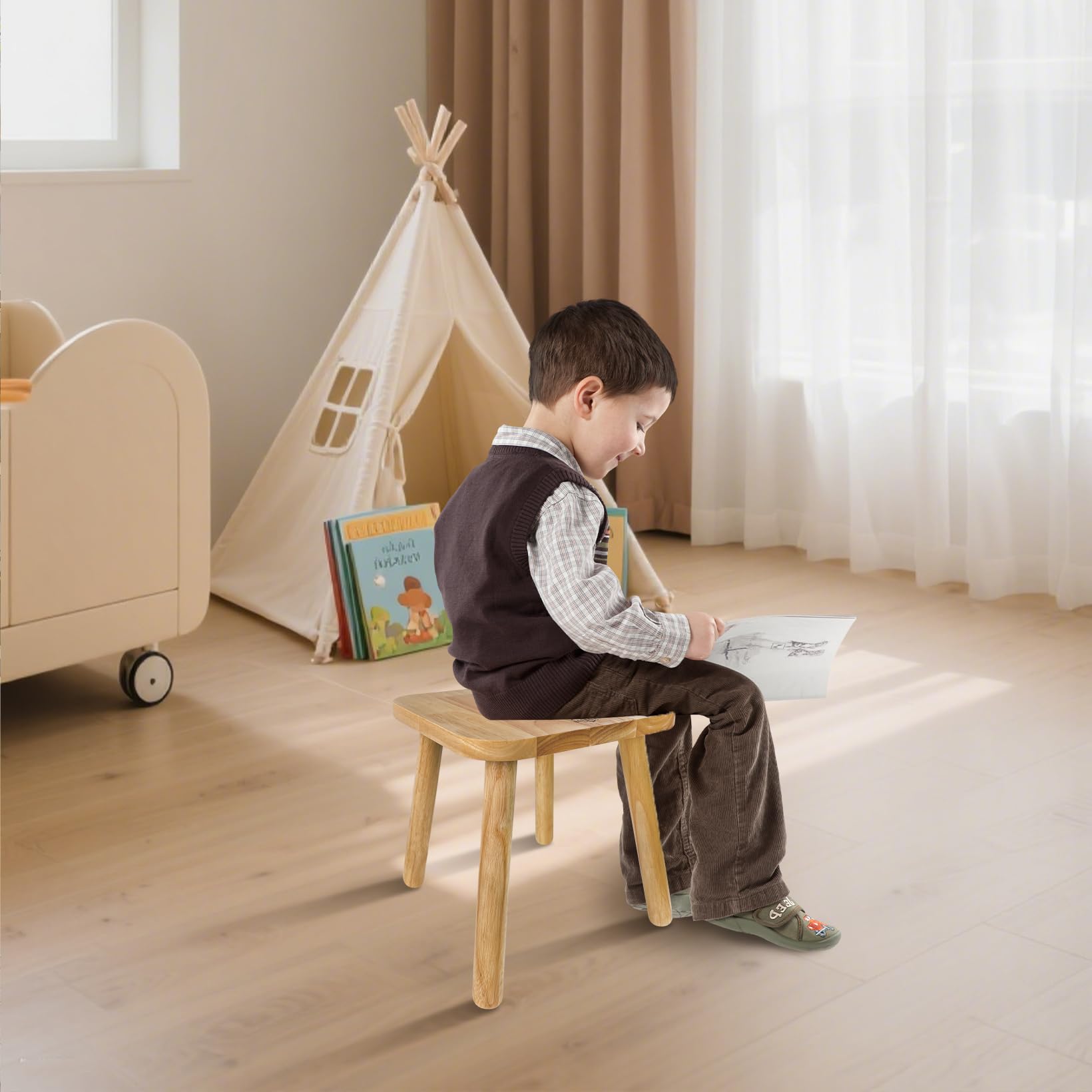 BEE&OAK Wooden Step Stools for Kids and Adults, Solid Rubber Wood Non-Slip Step Foot Stool, Heavy Duty 300 lbs One Step Stool for Bedroom, Bathroom, Kitchen (Pink, 9.25" (D) x 9.25"(W) x 8.86"(H)): Natural 11" (D) x 11"(W) x 11.8"(H)
