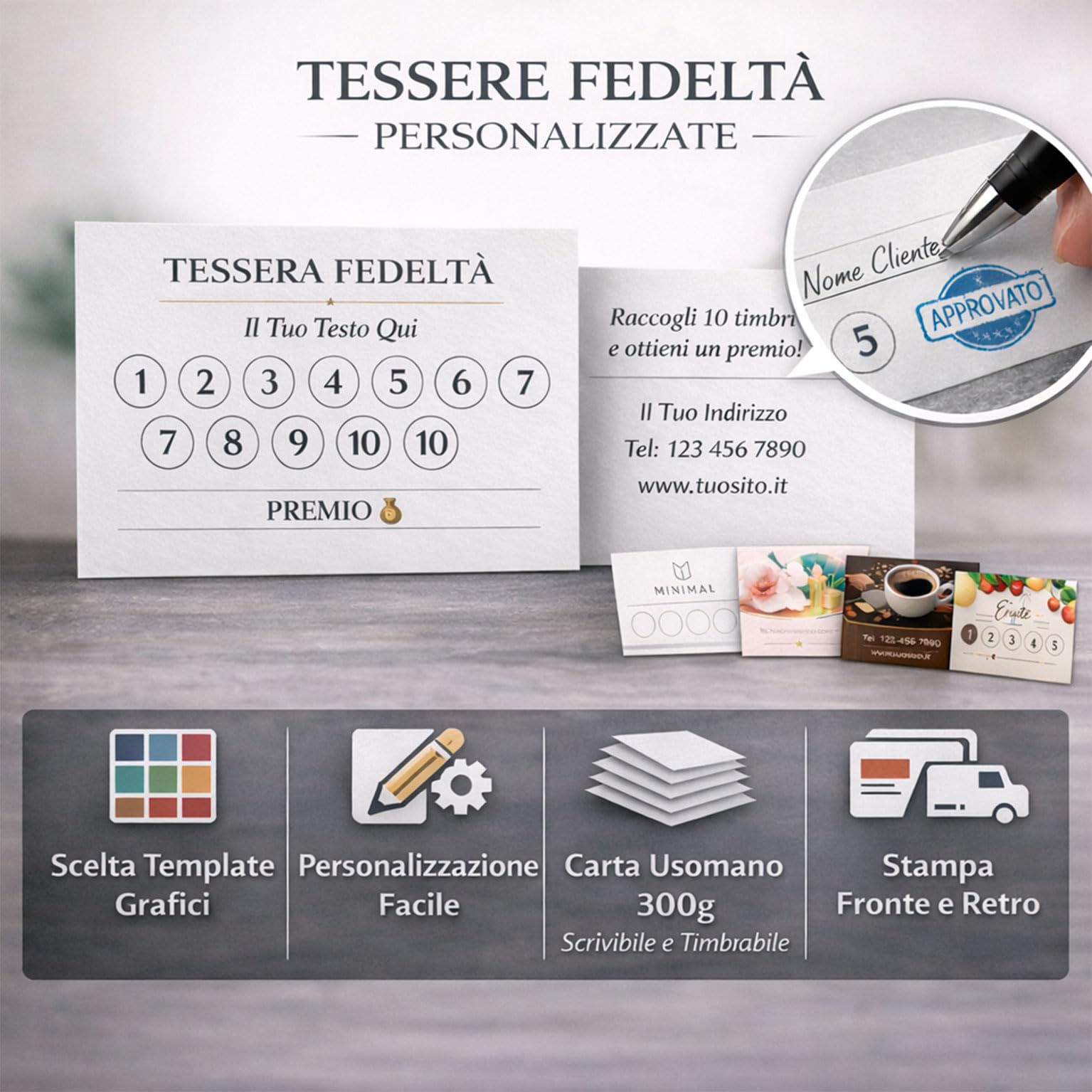 Tessere Fedeltà Personalizzate 8,5x5,5 cm Cartoncino Premium Stampa Fronte Retro 100 Pezzi