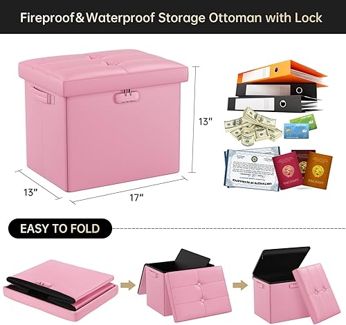 Miniatura 3 de DocSafe Taburete otomano de almacenamiento con cerradura y asas, taburete plegable de cuero ignífugo con caja fuerte de almacenamiento para sala de