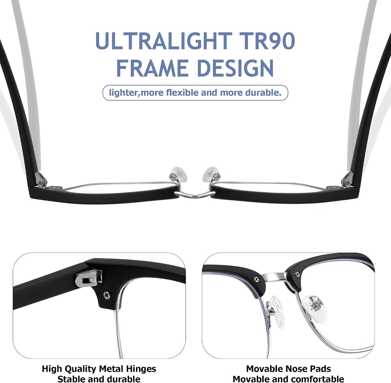 MEETSUN 2-Pack Blue Light Blocking Glasses Women/Men,Anti Eyestrain Filter Blue Ray Semi Rimless Retro Computer Game & UV400/Reduce Glare (Matte Black + Clear)