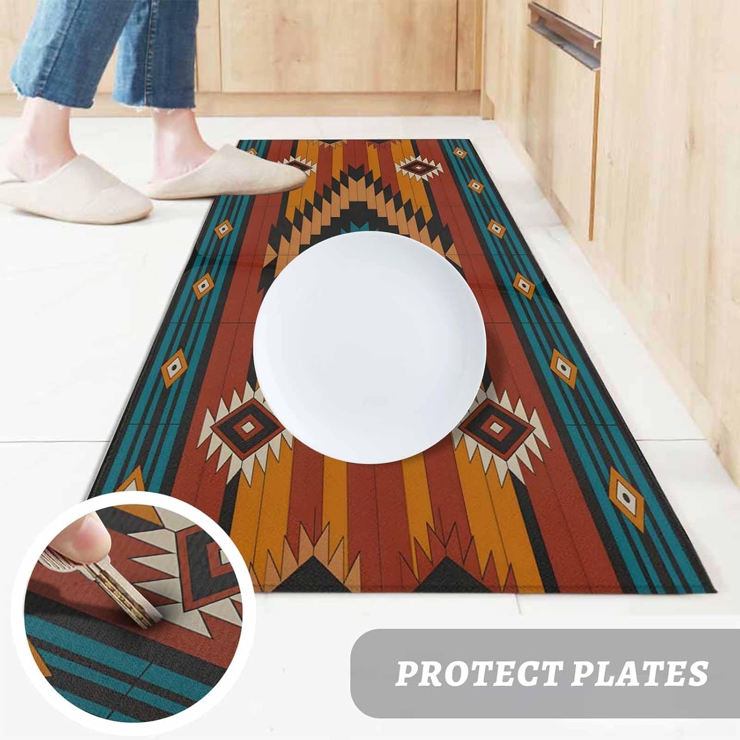 Teamery Kitchen Mats for Floor Vintage Brown Aztec Geometric Boho Washable Non Slip Kitchen Rugs 1PCS, Abstract Tribe Absorbent Standing Mats for Sink Bathroom Office Living Room 15.7x47.2in