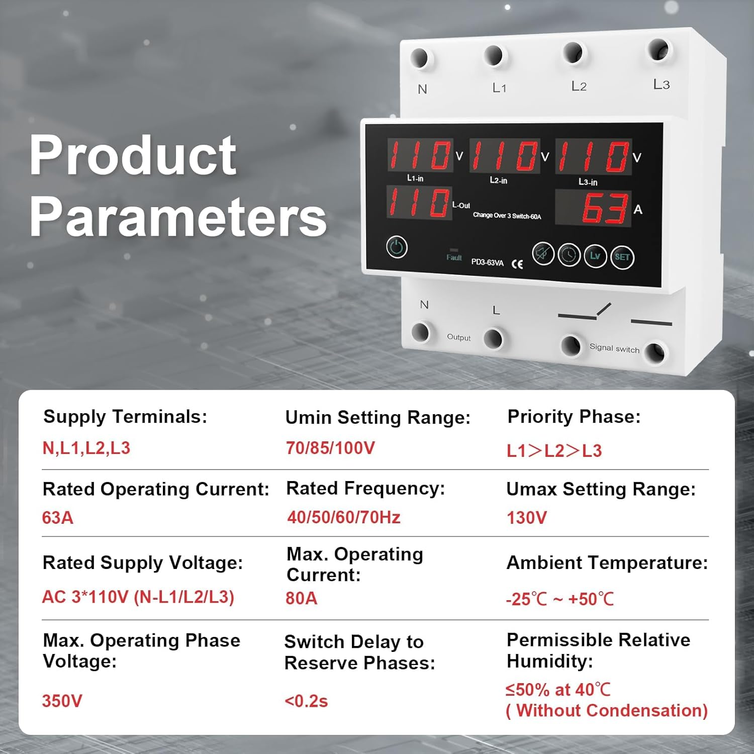 One-Click Setup Automatic Transfer Switch with Priority Phase L1＞L2＞L3, 4P 63A 110V 40/50/60/70Hz ATS Electrical Selector Switch Generator Changeover Switch V/A Protector Din Rail Mount