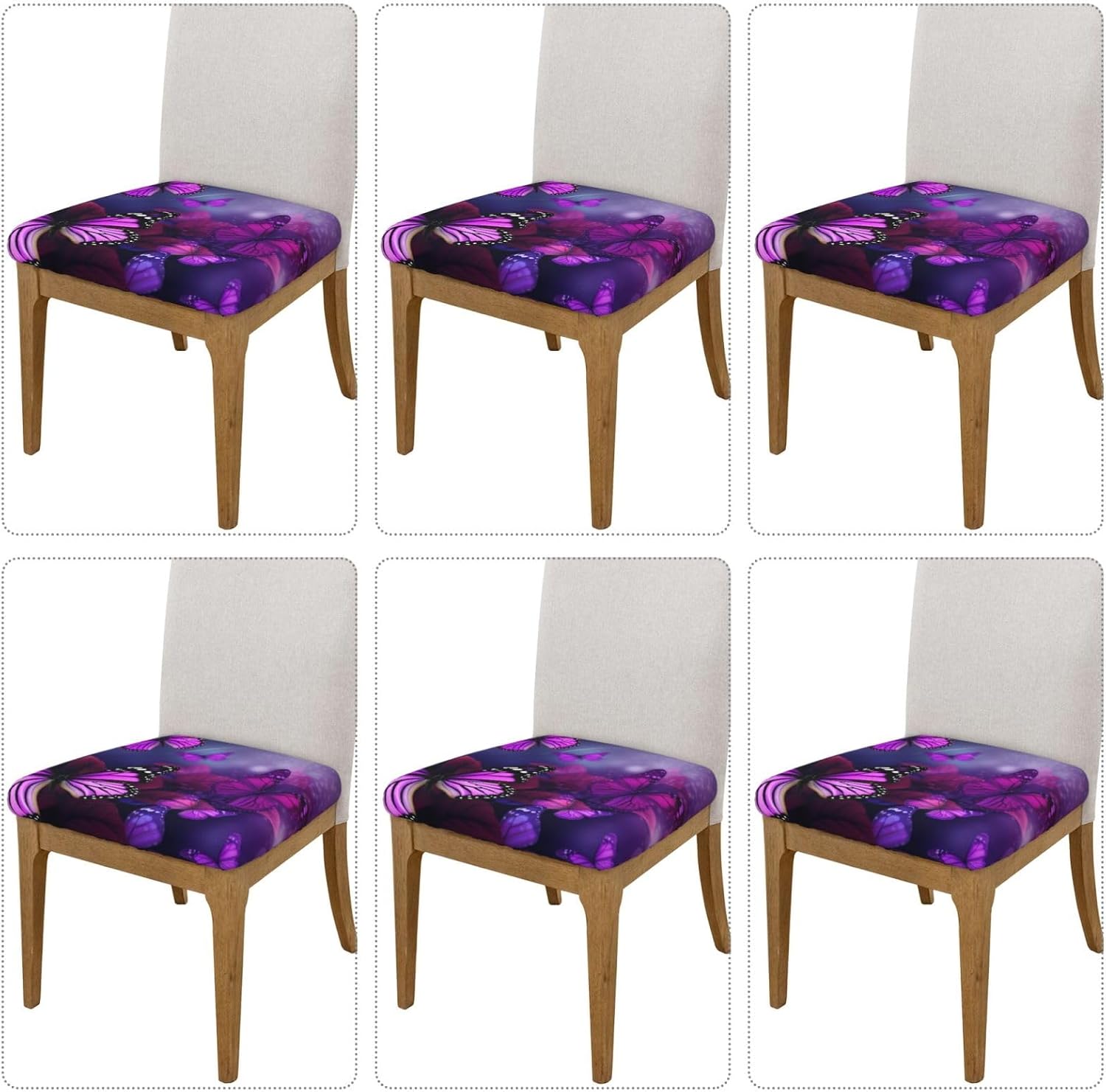 6PCS Stretch Seat Covers Set, Purple Butterflies Chair Covers for Dining Room, Square Chair Seat Slipcovers with Ties, Removable Washable Dining Chair Protector Seat Cover for Kitchen Office