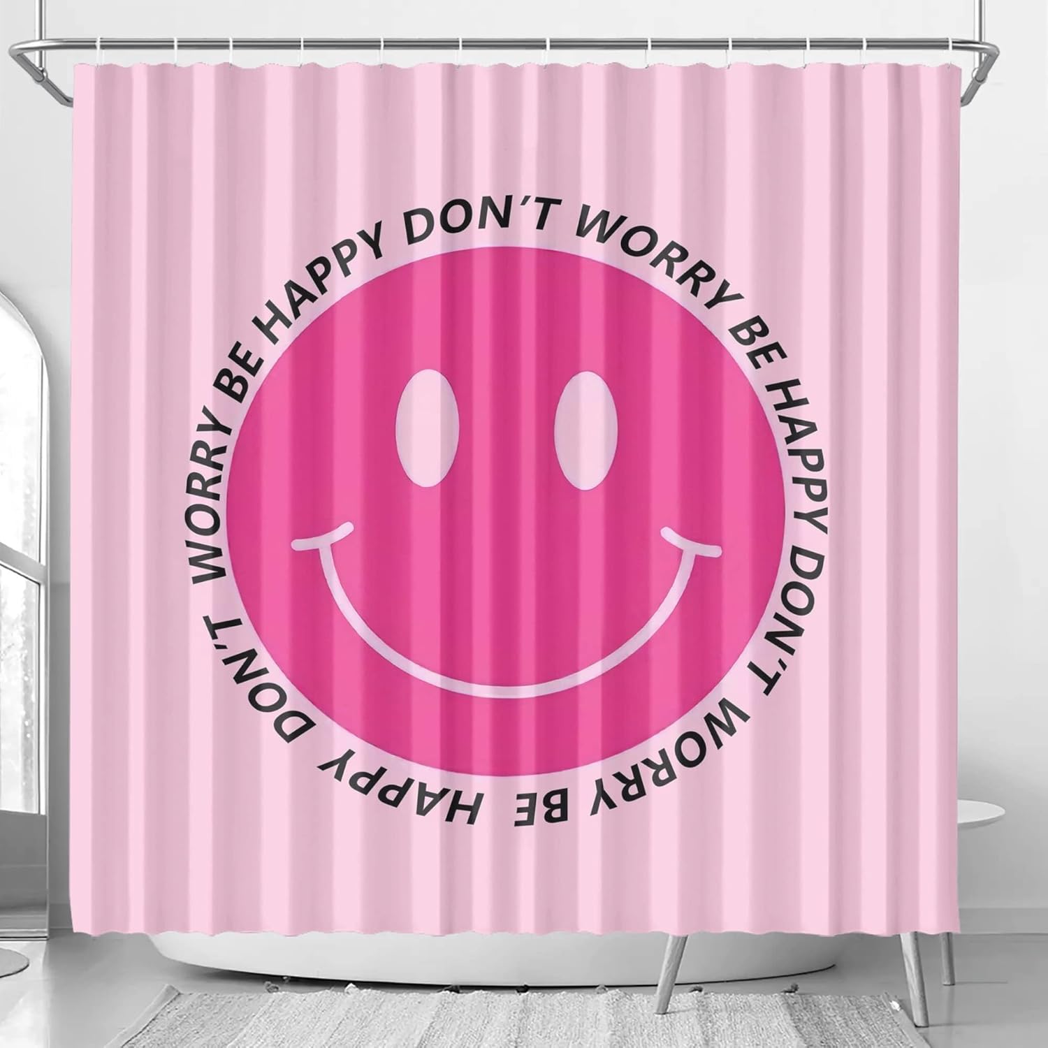 huanxiangouyue Pink Preppy Shower Curtain Retro 70s Smiley