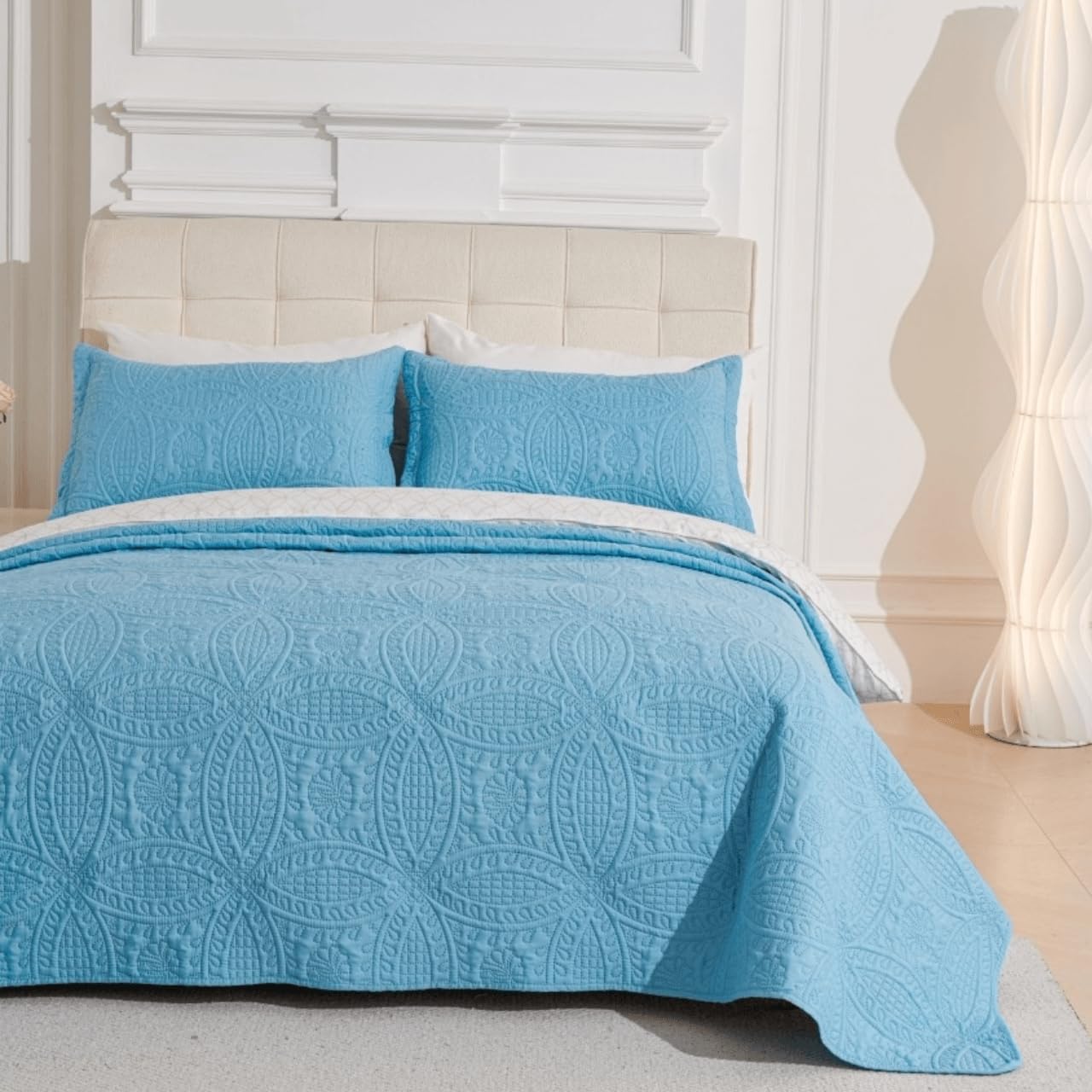 Legacy Decor Bedspread Coverlet 3 Pcs Set Oversized 118" W x 106" L King/Cal-King Blue Color