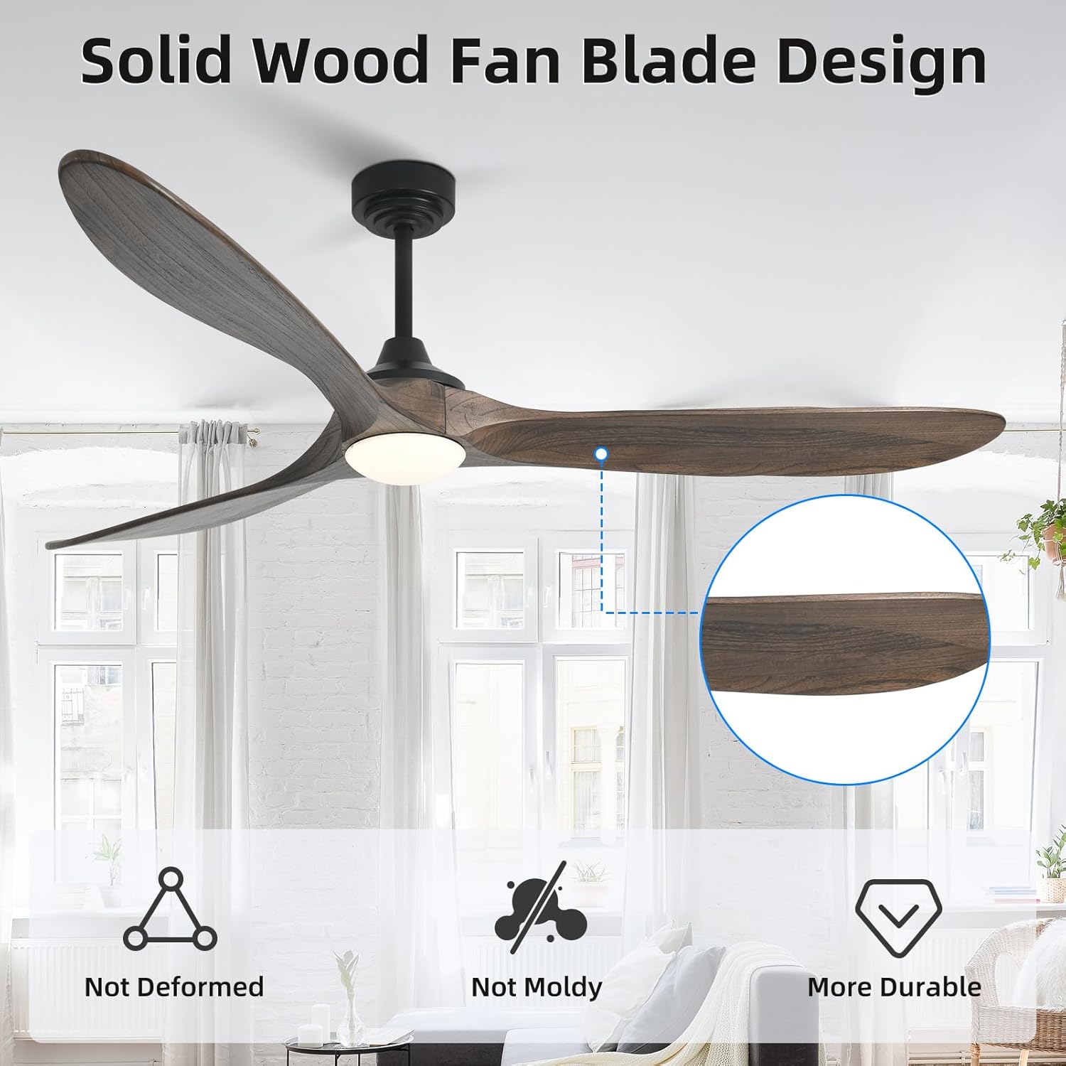 Ceiling Fan with Lights, 72'' Solid Wood Indoor/Outdoor Ceiling Fan with Quiet Reversible DC Motor, Control with WIFI Alexa App, 3CCT Dimmable, 6 Speeds Dark Brown Outdoor Fan for Patio Porch