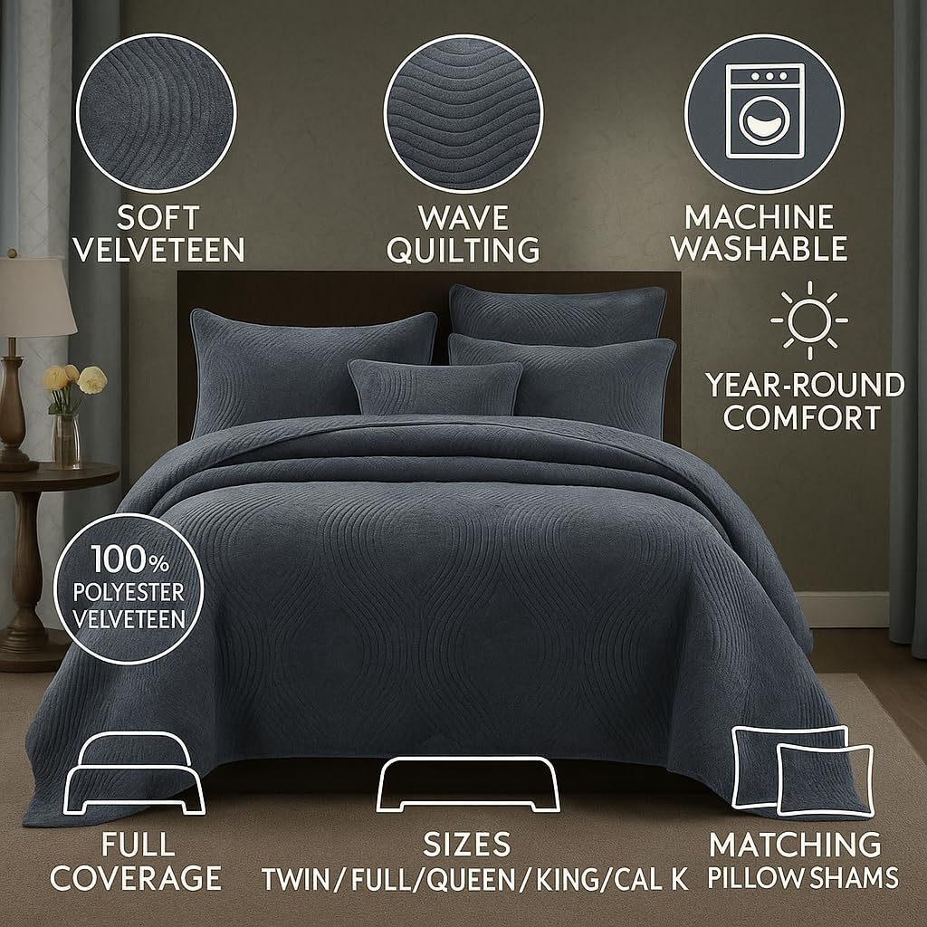 Tache Velvet Dreams Luxurious Velveteen Velour Super Soft Plush Warm Cozy Elegant Ripple Waves Stitch Quilted Coverlet Steel Navy Blue Bedspread Set, Queen
