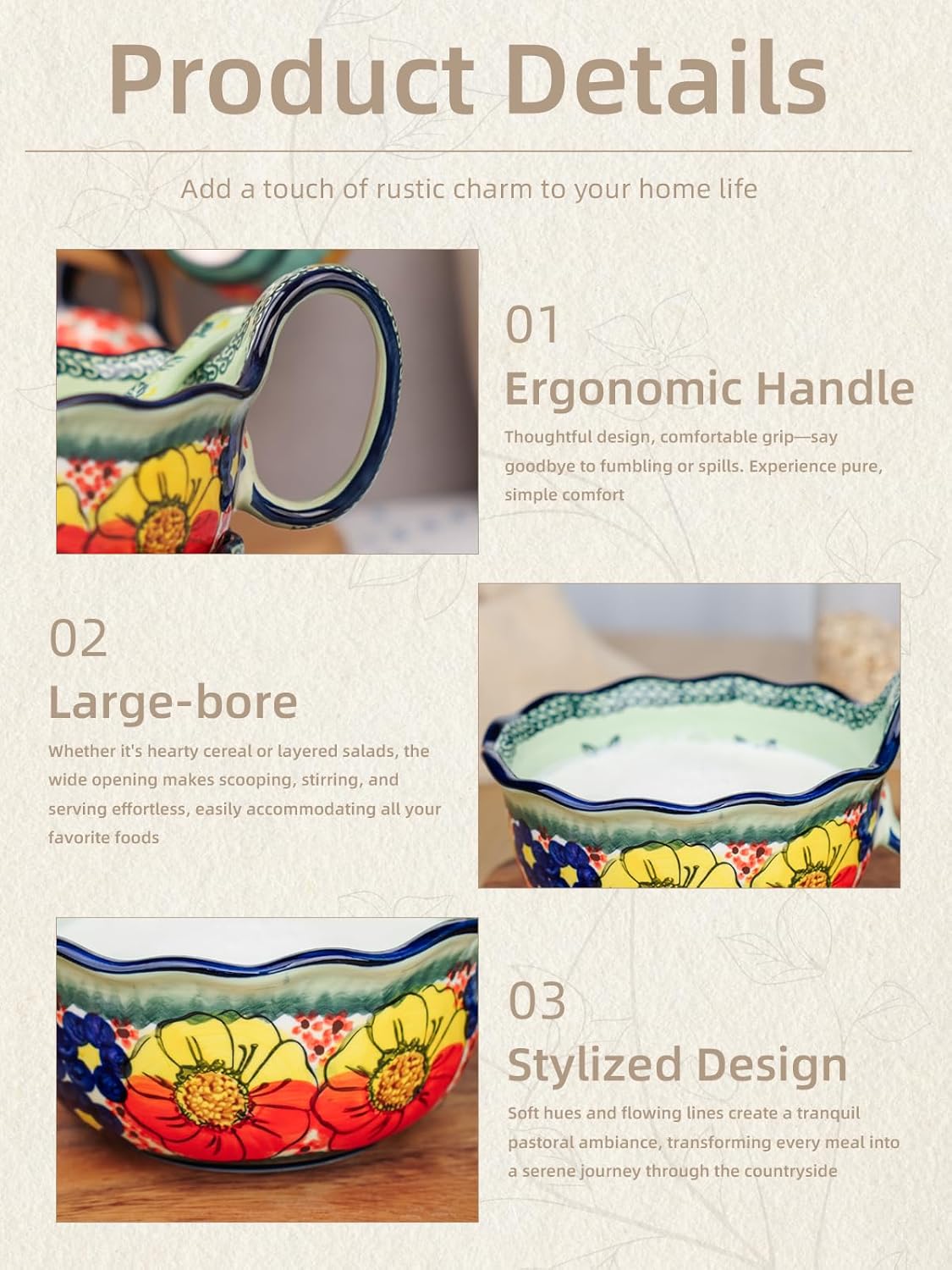 silesia Handmade Ceramic Soup Bowl, 30 oz Hand Painted Bowl with Loop Handle, Floral Design Cereal Bowl for Soup, Ice cream, Snack, Microwave & Dishwasher Safe (Glazed Green)