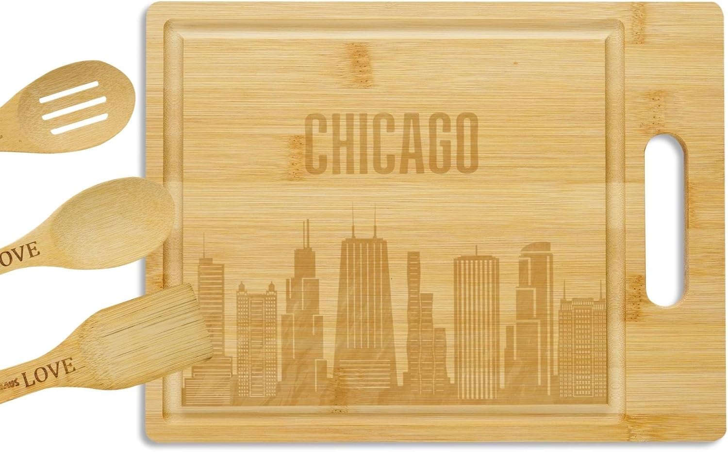Chicago City Skyline Gifts Bamboo Cutting Board with Wooden Spoon Chicago Lovers, Skyline Map Kitchen Gift for Christmas, Mother's Day - 11.4 x 8.6