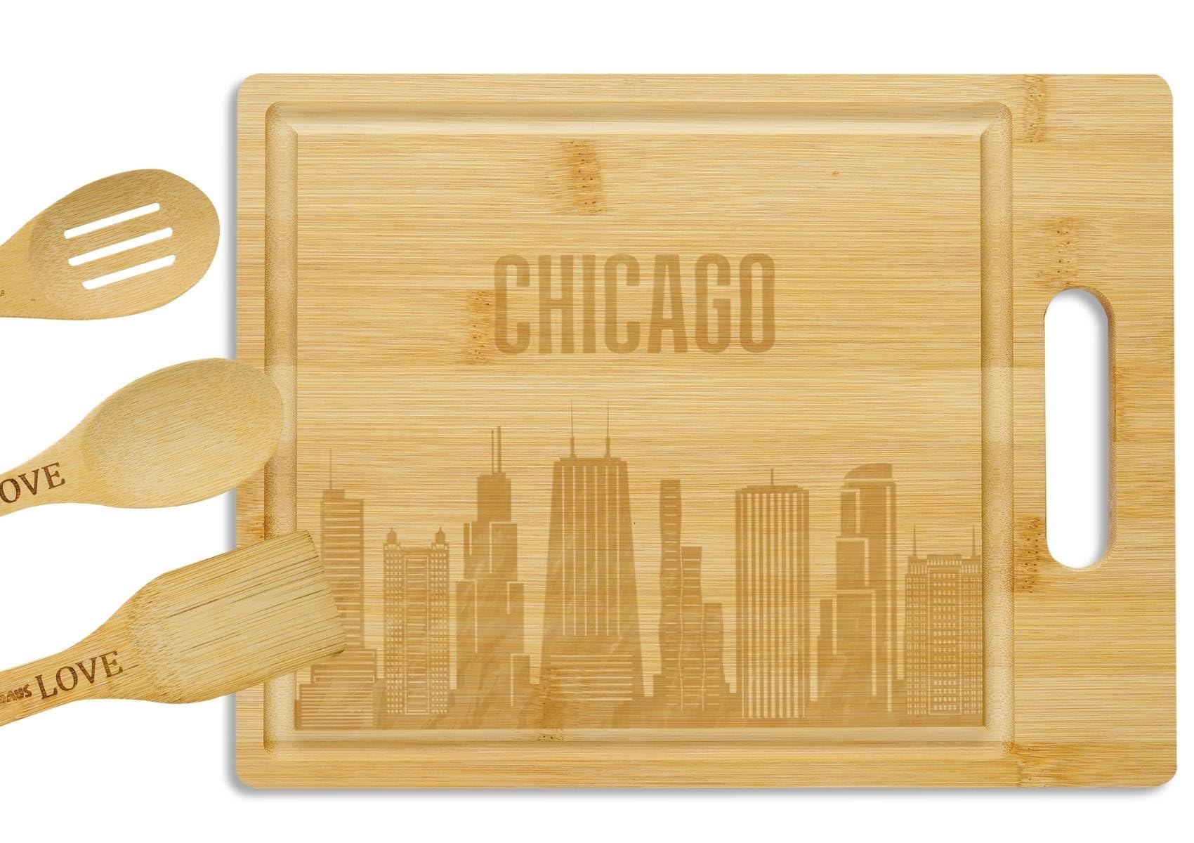 Chicago City Skyline Gifts Bamboo Cutting Board with Wooden Spoon Chicago Lovers, Skyline Map Kitchen Gift for Christmas, Mother's Day - 11.4 x 8.6
