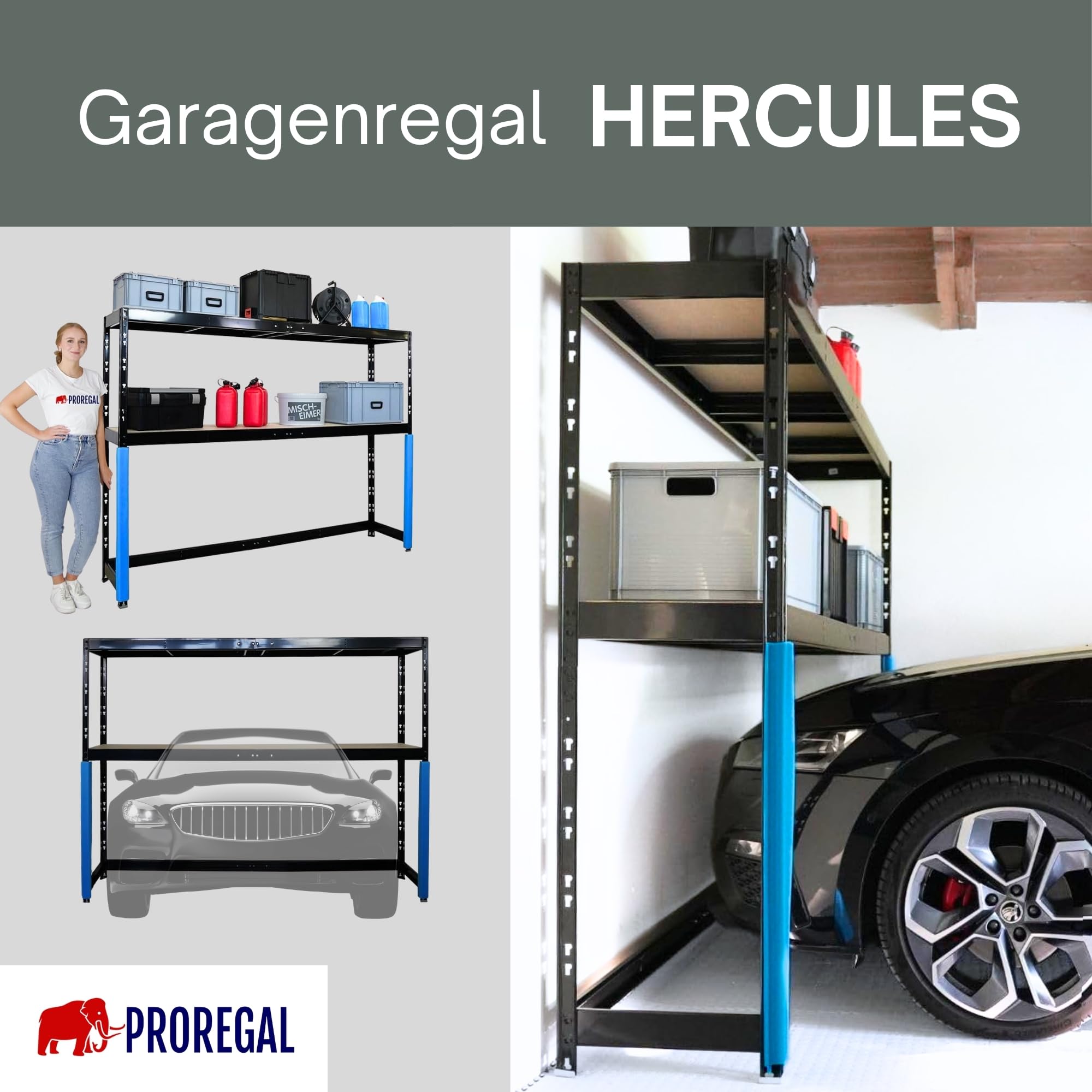 PROREGAL Garagenregal Hercules platzsparend unterfahrbar HxBxT 180x240x50cm 2 Lagerebenen Fachlast 300kg Schwarz Schwerlastregal Lagerregal