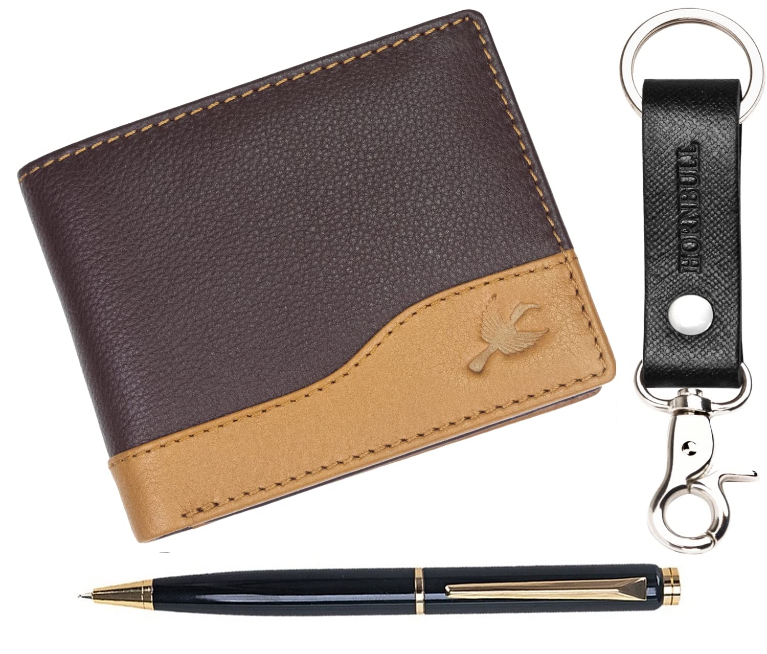 HORNBULL Brown Buttler Mens Leather Wallet, Keyring & Pen Combo Gift Set for Men | Gift Set for Men