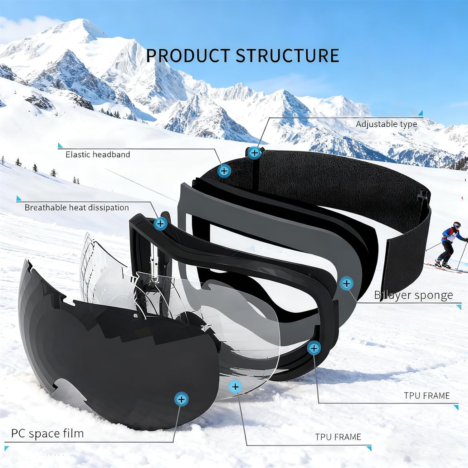 Unisex Ski Goggles - UV400, Double-Layer Anti-Fog, Extra-Wide Vision, Ventilated Frame