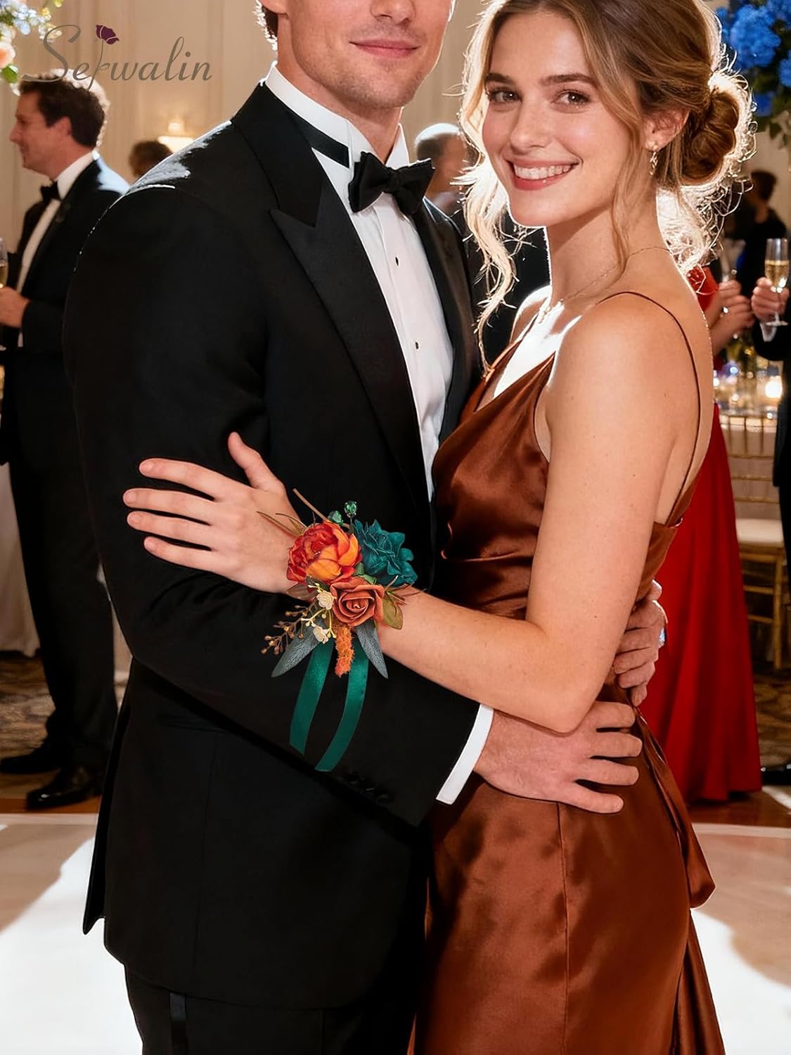 Serwalin 6 PCS Teal Orange Wrist Corsage for Prom, Corsages Wristlet for Wedding Bridesmaid Mother Grandmother Girl, Peony Artificial Flowers for Party Ceremony Homecoming Anniversary