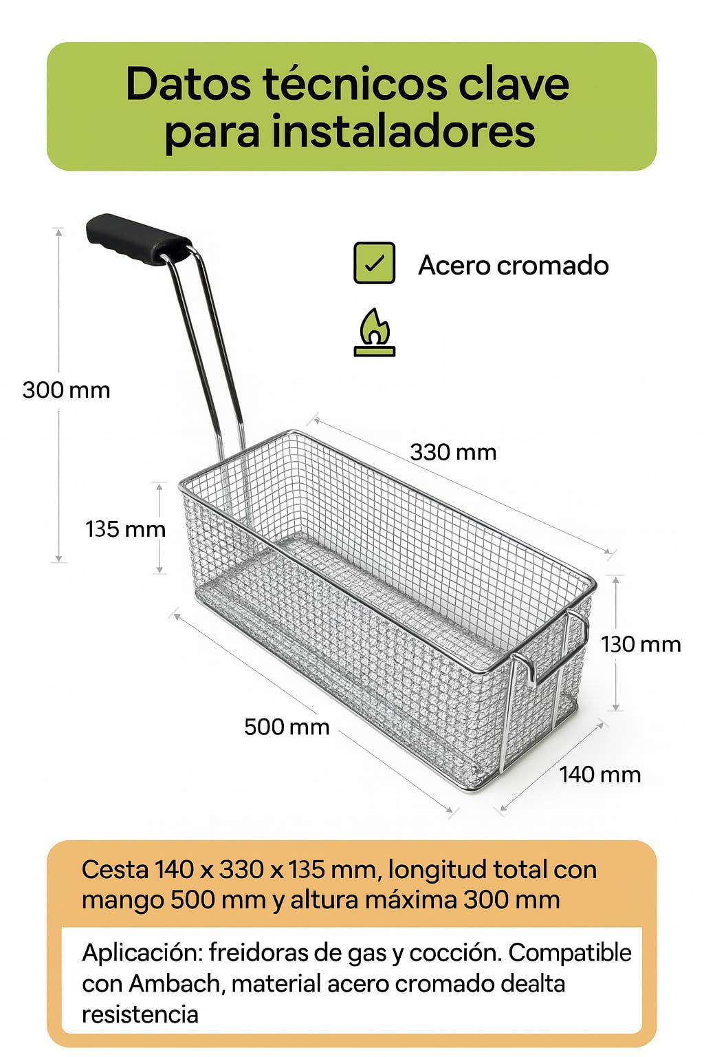 CubetasGastronorm ® cesta freidora 140x330x135 mm acero cromado mango termo aislado recambio industrial para freidoras compatible con Ambach ef1 40 ef2 40 gf1 40 hosteleria gas