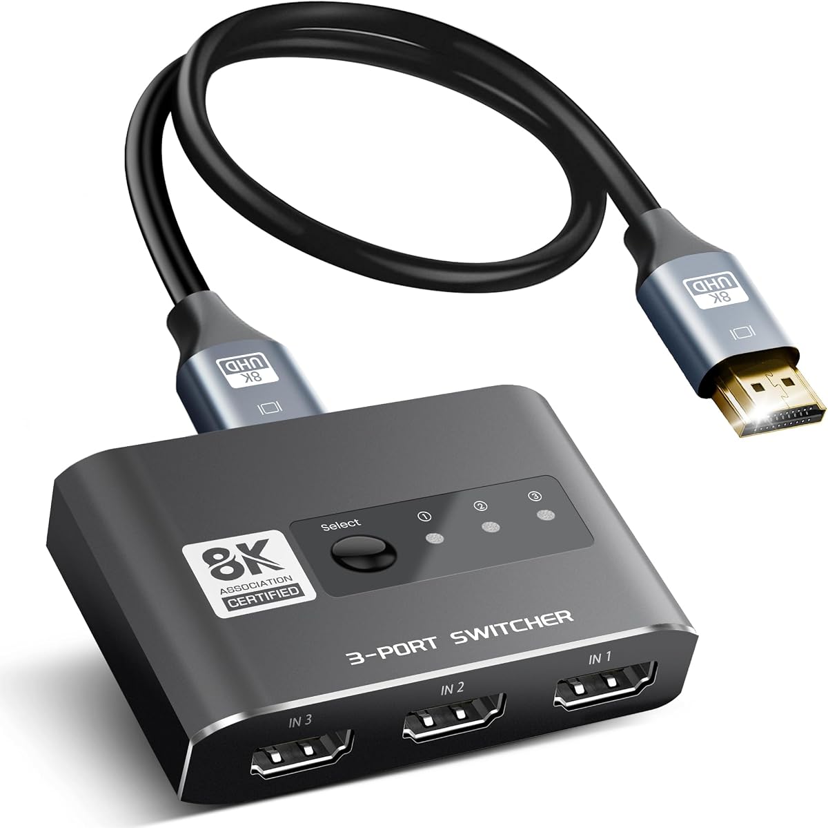 HDMI 2.1 Switch 3 in 1 Out, 4K@120Hz 8K@60Hz, Aluminum,48Gbps w/HDMI Cable