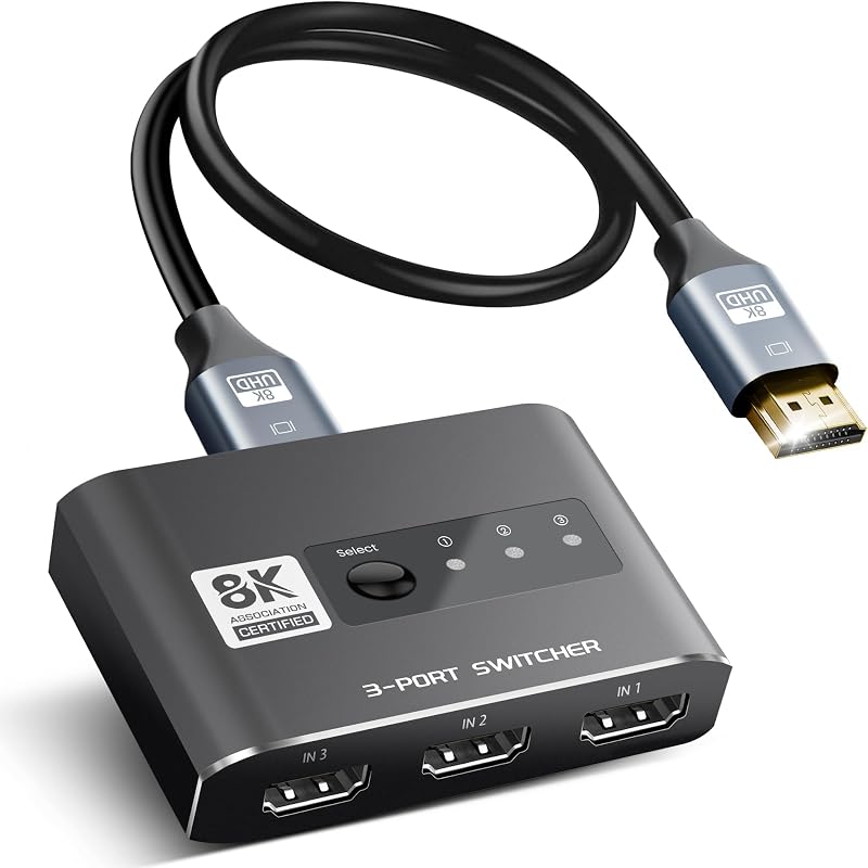 HDMI 2.1 Switch 3 in 1 Out, 4K@120Hz 8K@60Hz, Aluminum,48Gbps w/HDMI Cable