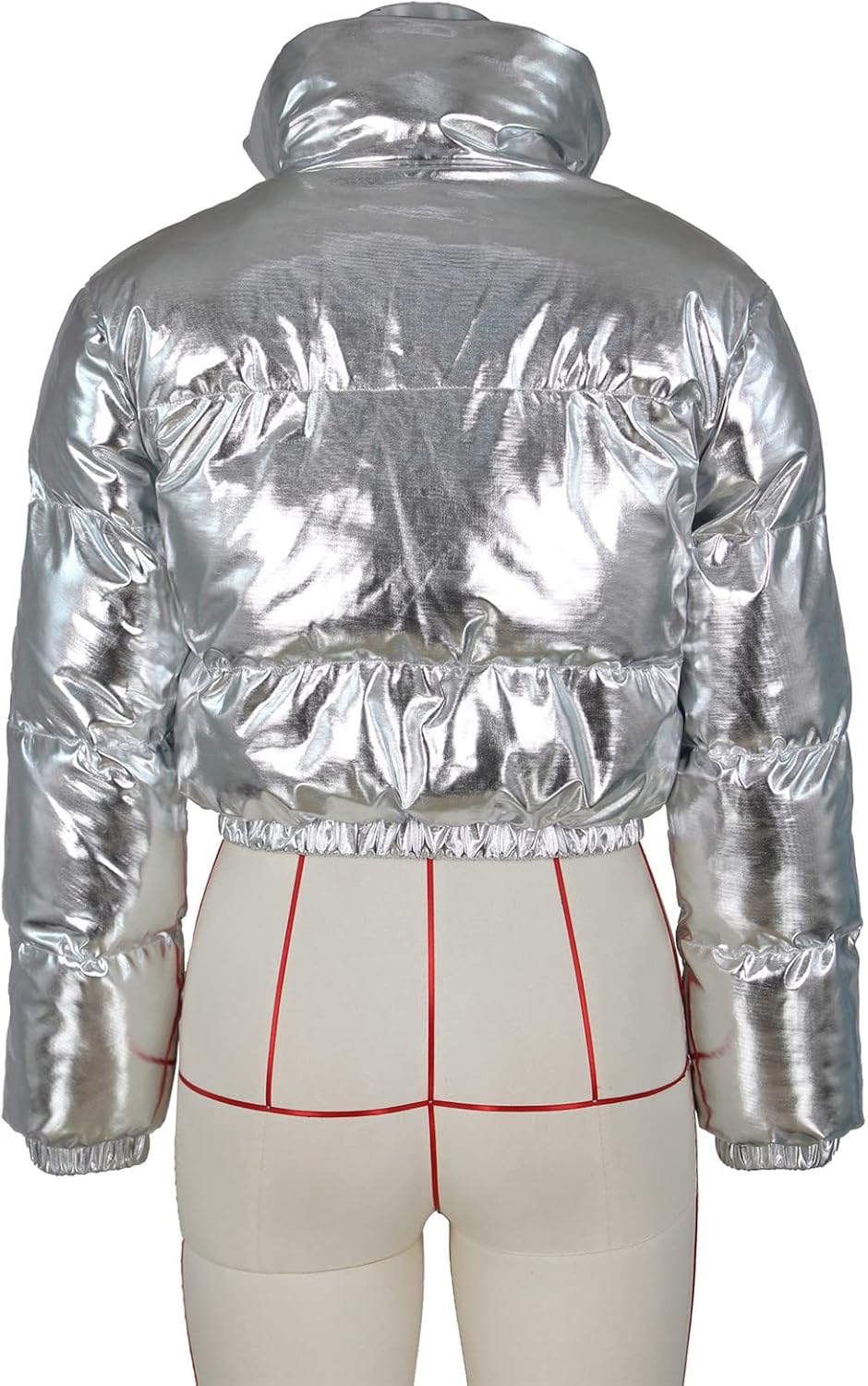 Halfword Women's Shiny Cropped Puffer Jacket Long Sleeve Solid Color Stand Neck Winter Down Coat - Image 5