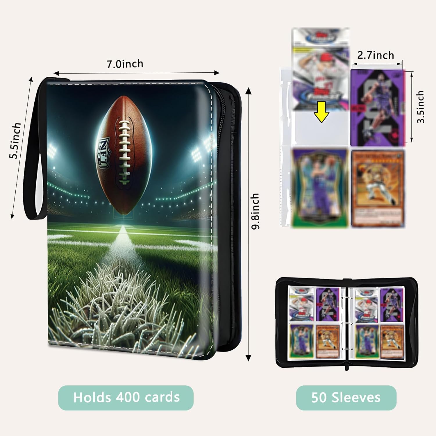 Trading Card Binder, 4 Pockets 400 Card Holder Collector Album with 50 Removable Sleeves, Portable Trading Collection Album for photocard kpop mtg/TCG Game Football Sports Cards, Cool Football